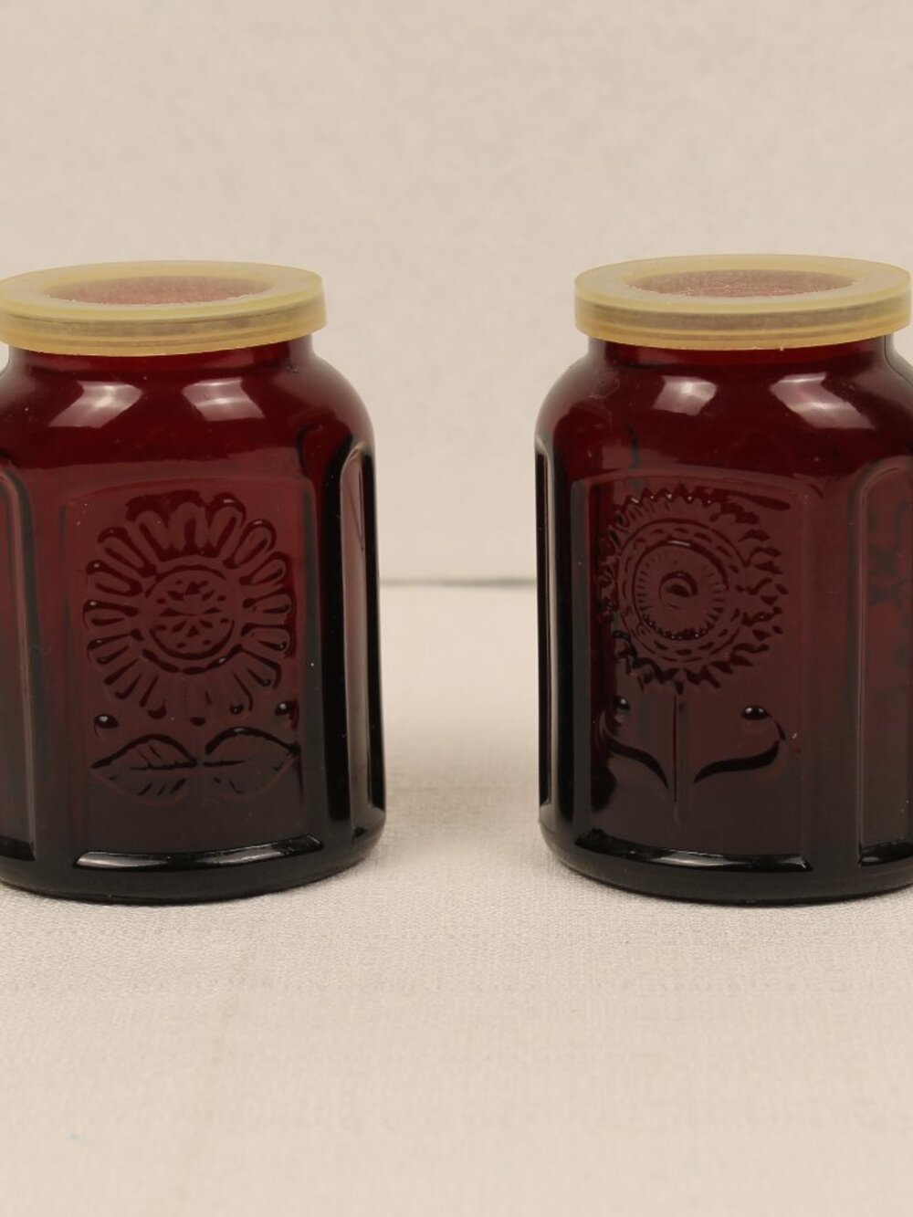 Vintage Wheaton N.J. Ruby Red Glass Sunflower Jars Embossed Floral Canister Set